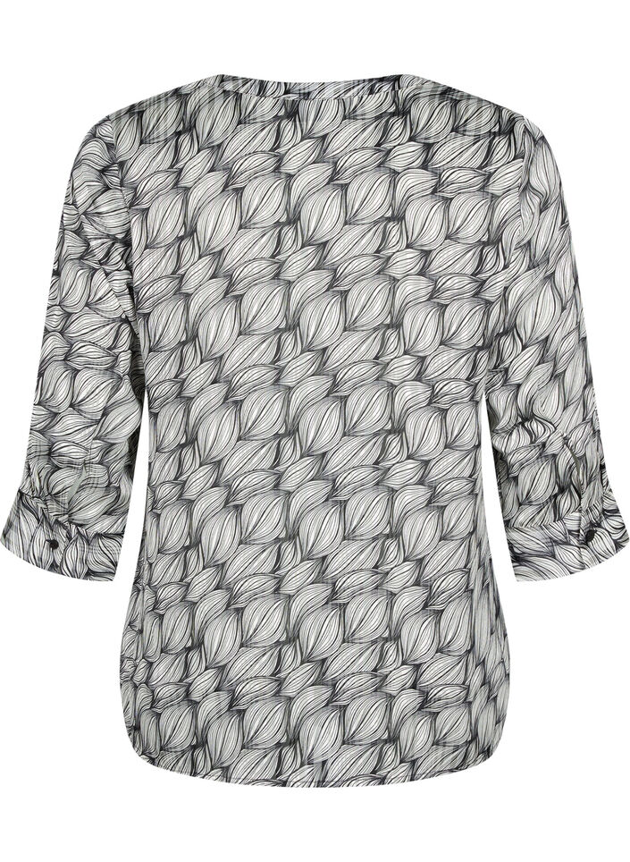 Bluse mit Print und 3/4-Ärmeln, Black White Leaf, Packshot image number 1