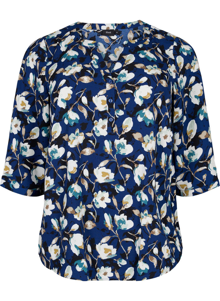 Florale Bluse mit 3/4-Ärmeln, P. Blue Flower AOP, Packshot image number 0