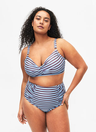 Gestreifte Bikinihose mit hohem Bund, BlueBrown Stripe AOP, Model image number 0