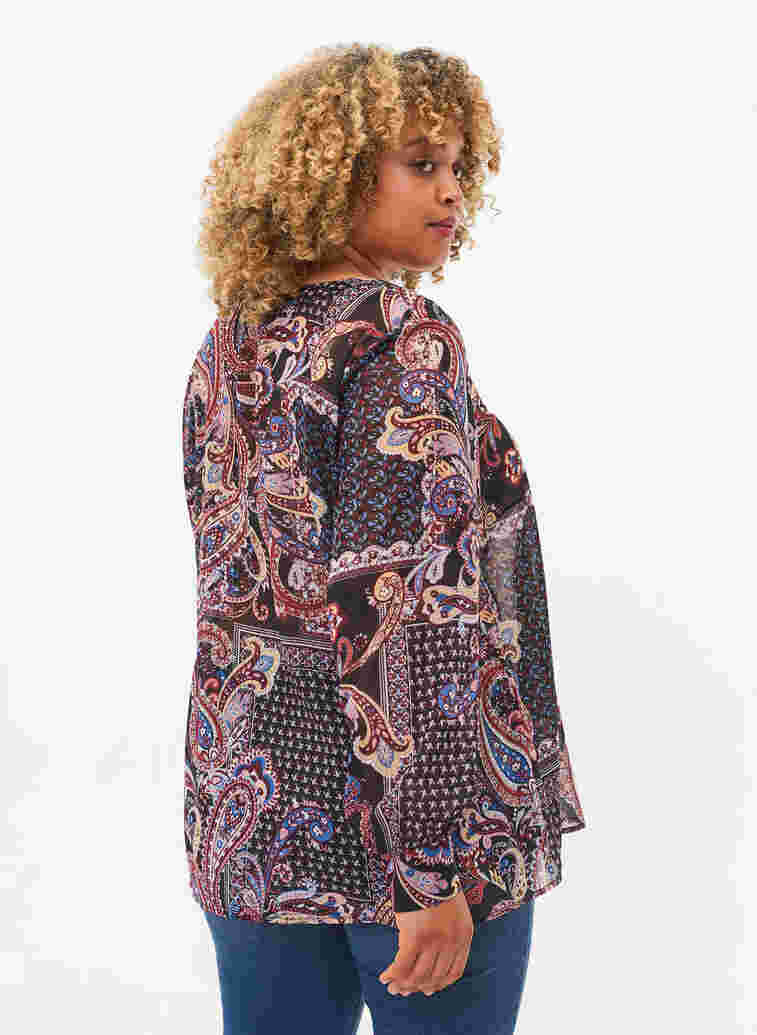 Hemdbluse mit V-Ausschnitt und Print, Black/Brown Paisley, Model image number 1