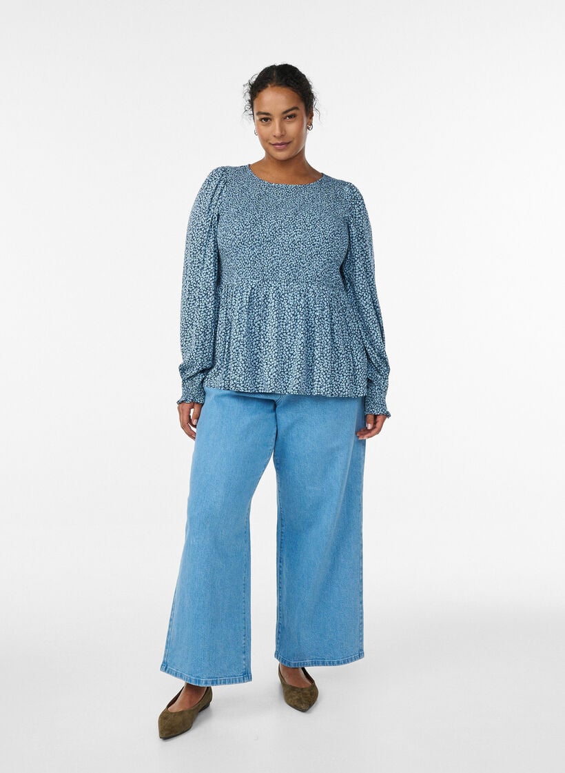 Bluse mit gesmoktem Oberteil und gebl&uuml;mtem Print, Blau, Model image number 1