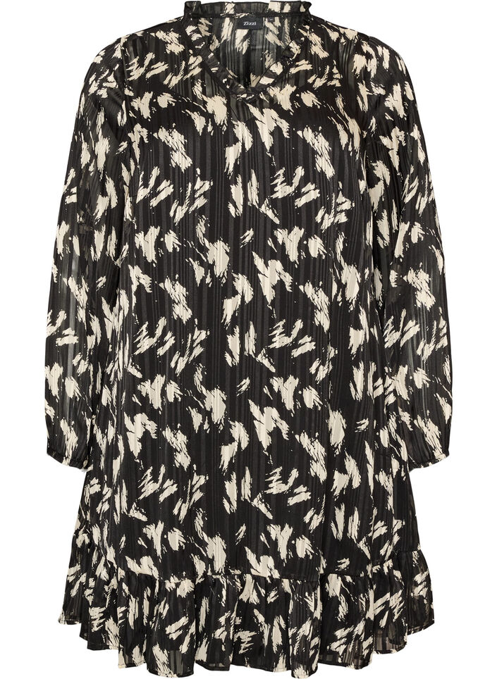 Gemustertes Kleid mit R&uuml;schen und langen &Auml;rmeln, Schwarz, Packshot image number 0
