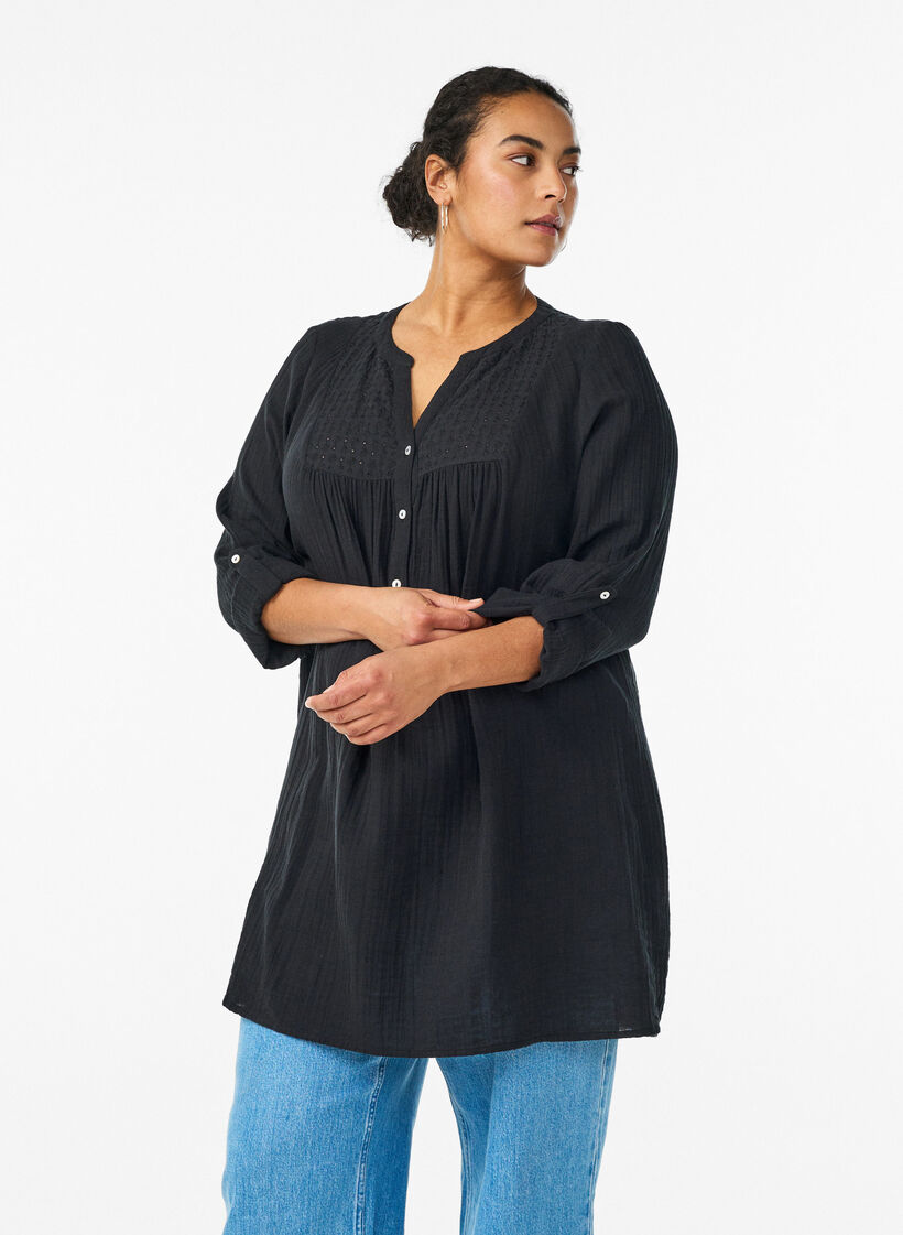 Tunika aus Baumwollmusselin mit Broderie Anglaise, Schwarz, Model image number 0
