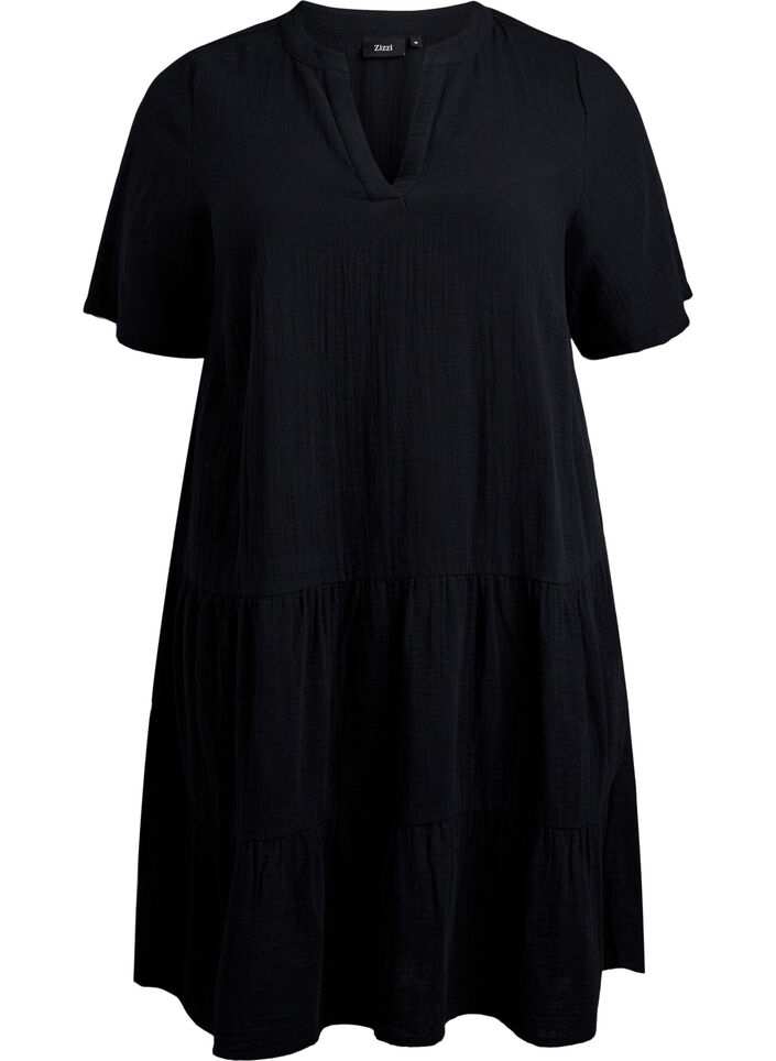 Kurzes A-Linien-Kleid aus Baumwollmusselin, Schwarz, Packshot image number 0