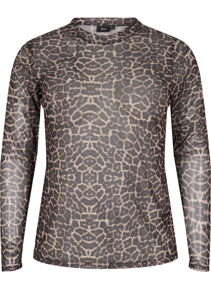 Netzbluse mit Leopardenmuster, Braun, Packshot image number 0