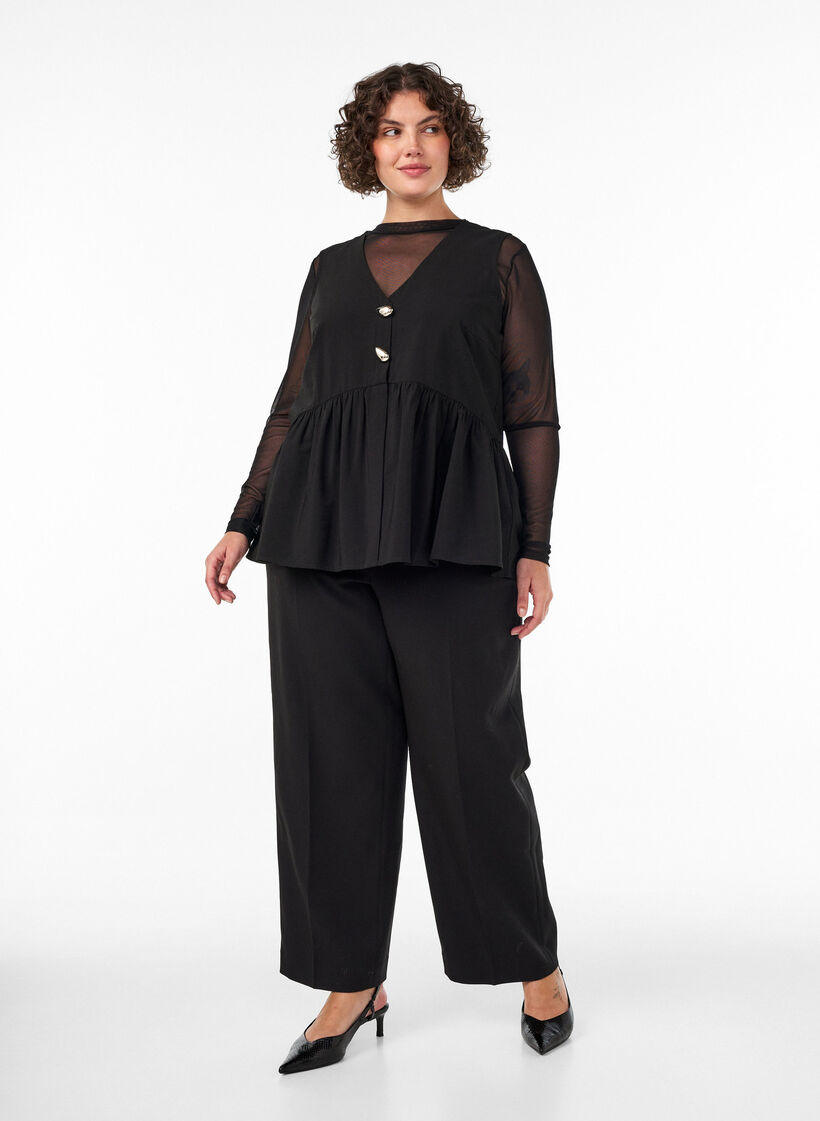 &Auml;rmellose Sch&ouml;&szlig;chenbluse mit dekorativen Kn&ouml;pfen, Schwarz, Model image number 1