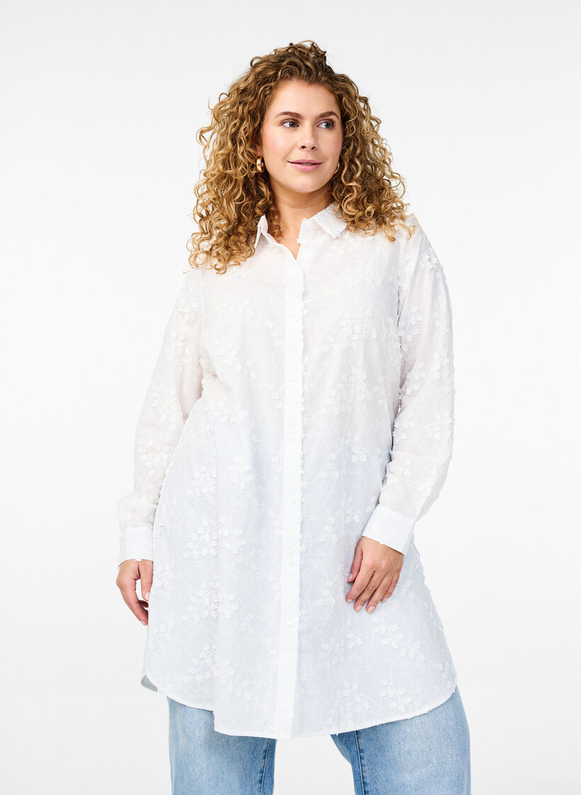 Hemdblusenkleid mit gestickten Blumen, Weiß, Model image number 0