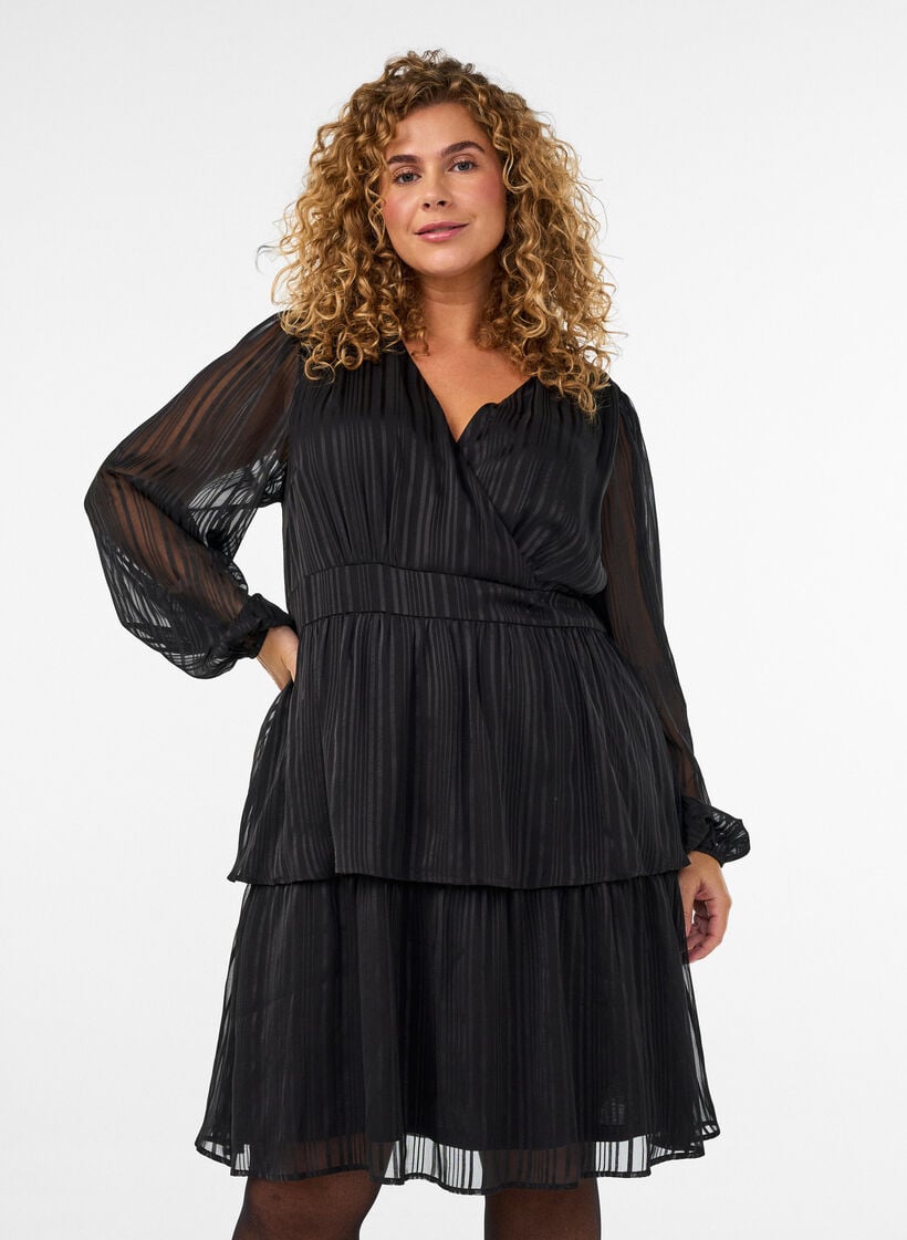 Knielanges Kleid mit transparenten Streifen und Wickeleffekt, Schwarz, Model image number 0