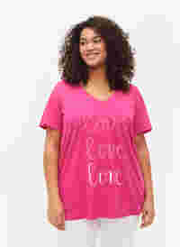 T-Shirt aus Baumwolle mit V-Ausschnitt und Druck, Fuchsia Purple Love, Model