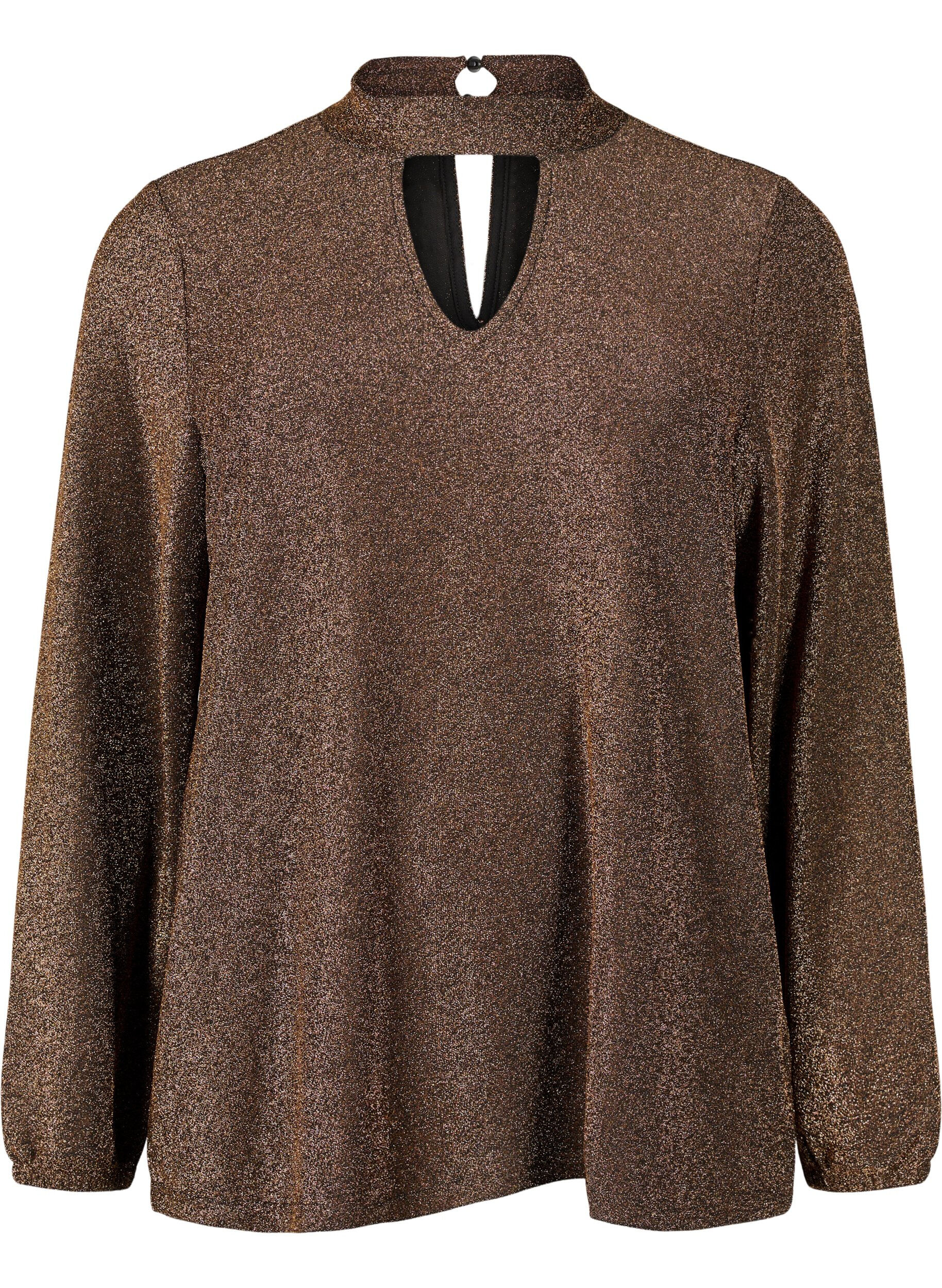 ZizziLang&auml;rmlige Glitzerbluse mit Rundhalsausschnitt und V-Detail, Black Copper, Packshot image number 0