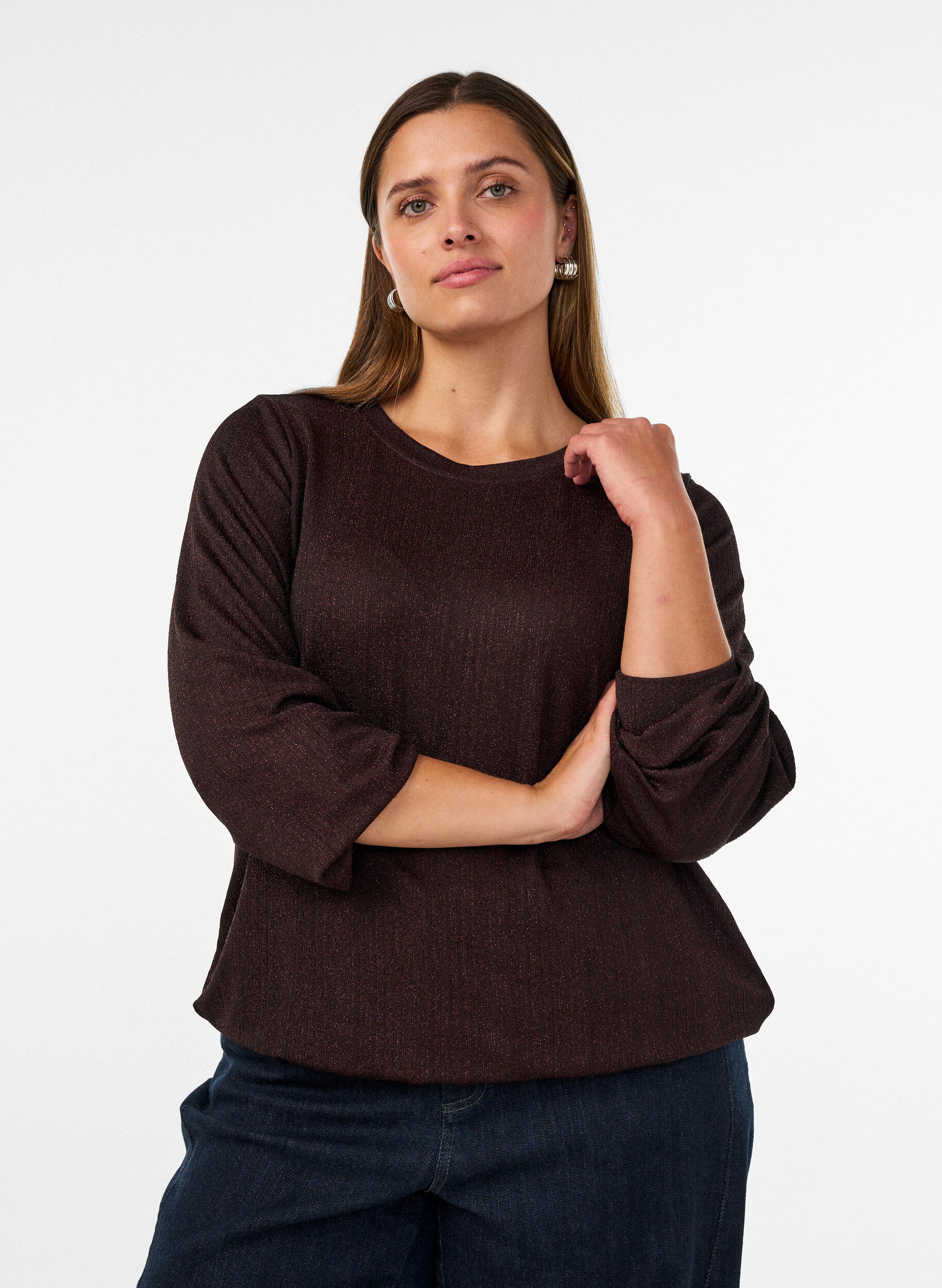 ZizziBluse mit vertikaler Struktur und Glitzerfaden, Braun, Model image number 0