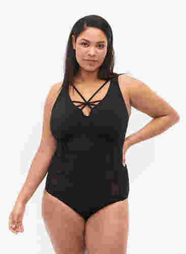 Badeanzug mit Bügel und String-Details, Black, Model image number 0