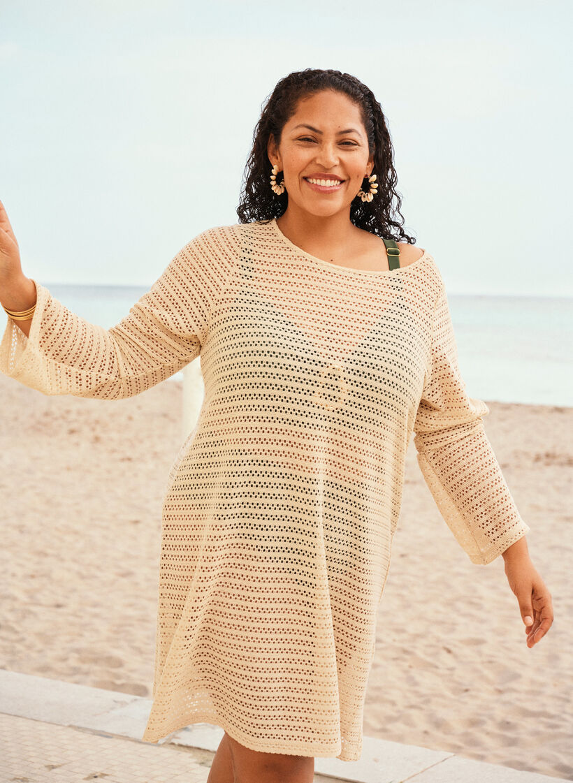 Strandkleid mit Lochstickerei und langen &Auml;rmeln, Beige, Image image number 0