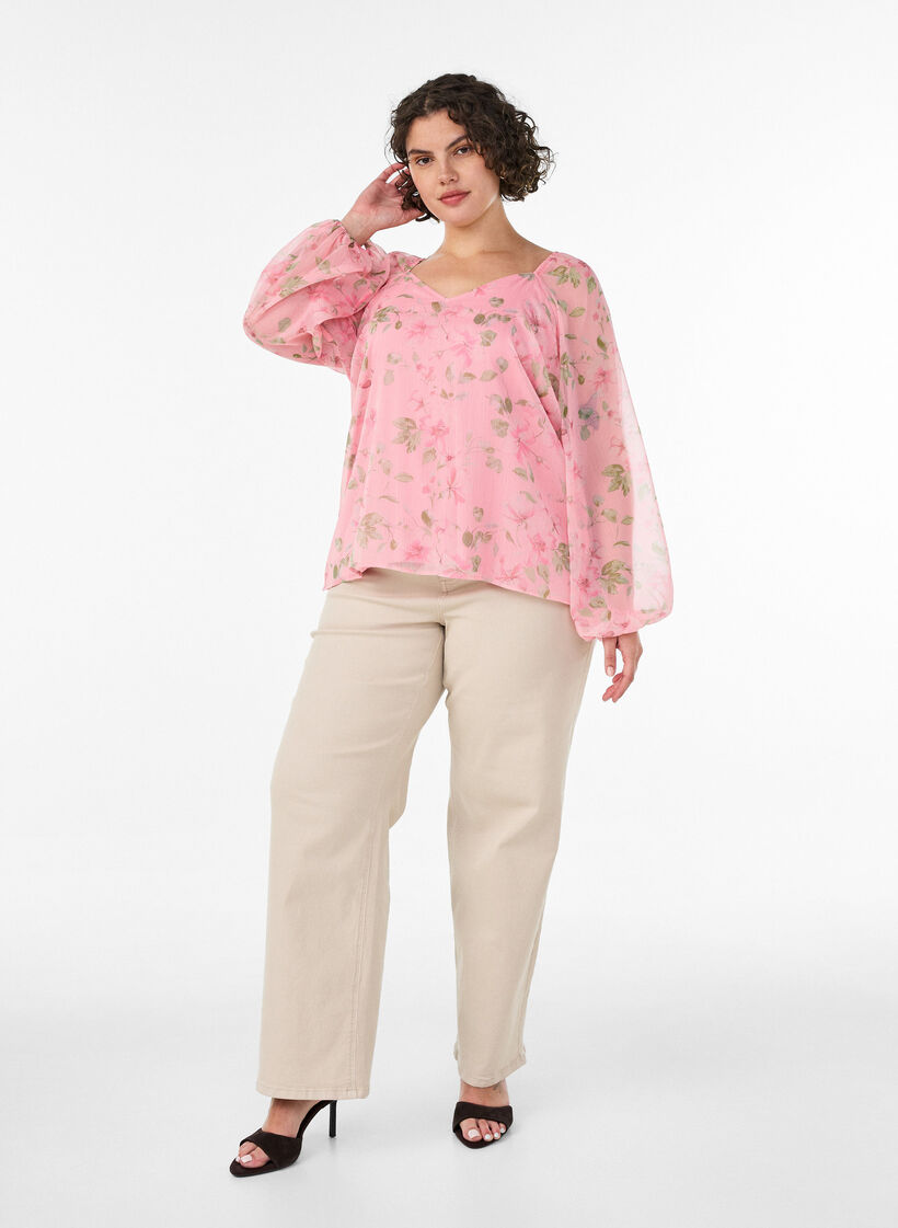 Bluse aus Chiffon mit gebl&uuml;mtem Print und langen &Auml;rmeln, Rot, Model image number 1