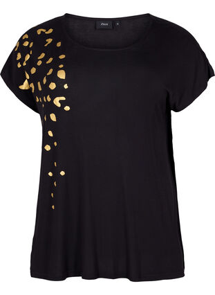 Kurzärmeliges Viskose-T-Shirt mit Druck, Black Gold , Packshot image number 0