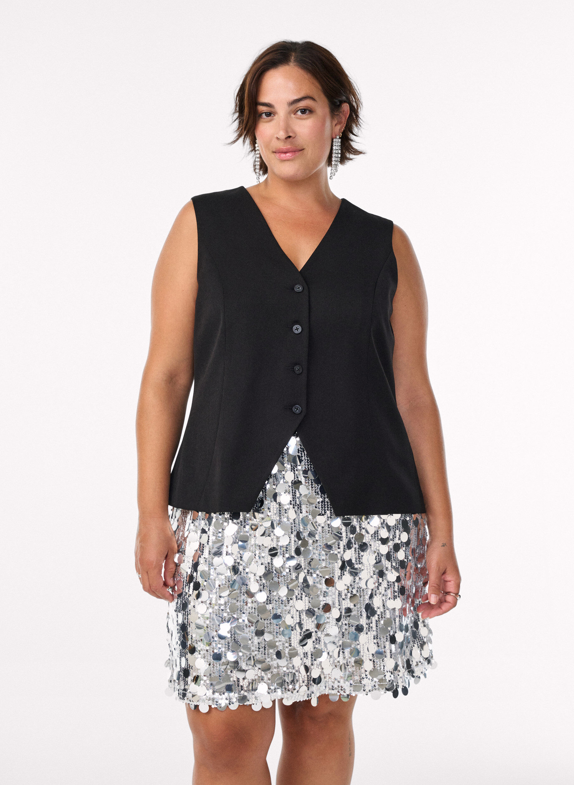 ZizziKurzer Paillettenrock mit Gummibund, Silber, Model image number 0