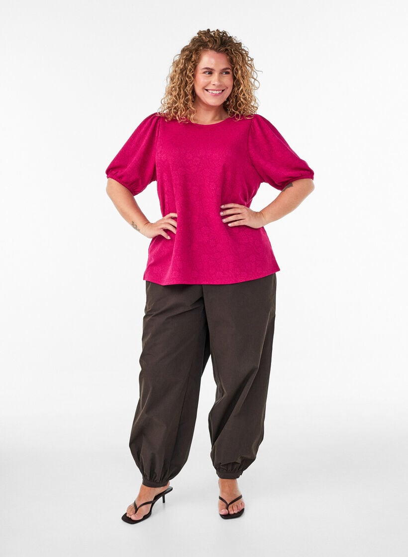 Bluse mit Struktur und kurzen &Auml;rmeln, Pink, Model image number 1