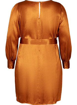 Shiny Kleid mit Gürtel und Puffärmeln, Buckthorn Brown, Packshot image number 1