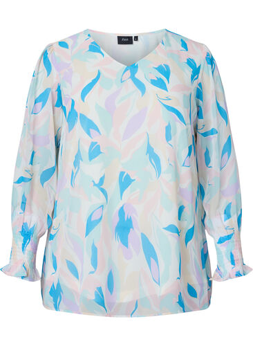 Geblümte Bluse mit langen Ärmeln und V-Ausschnitt, White/Pastel Leaf, Packshot image number 0