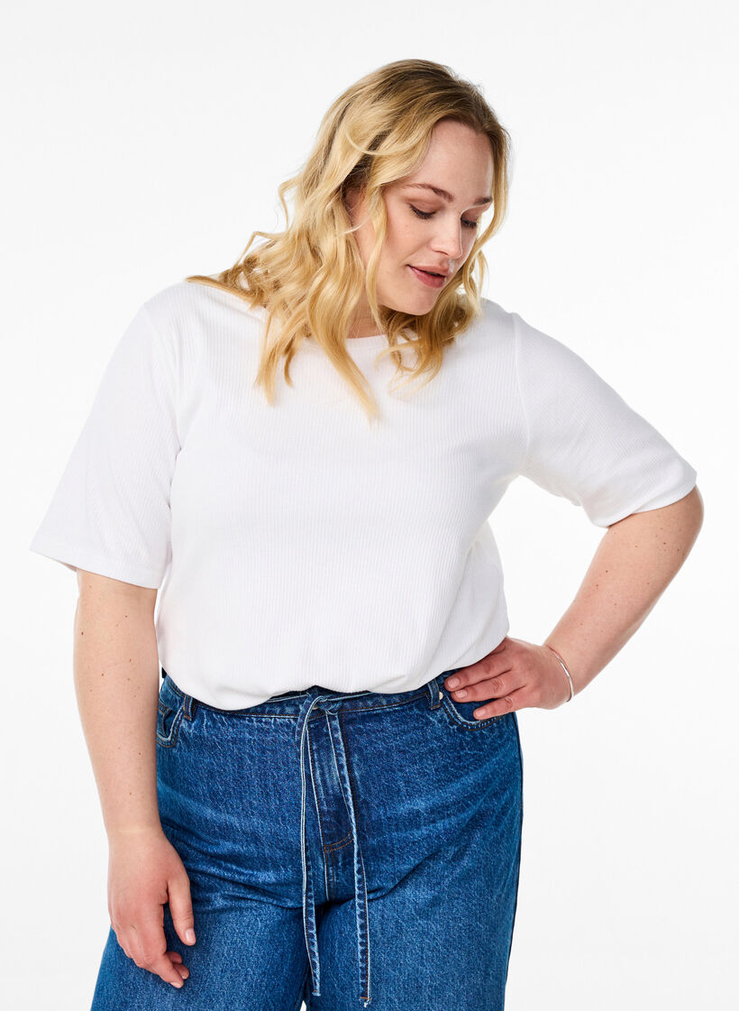 Bluse aus geripptem Jersey mit kurzen Ärmeln, Weiß, Model image number 0