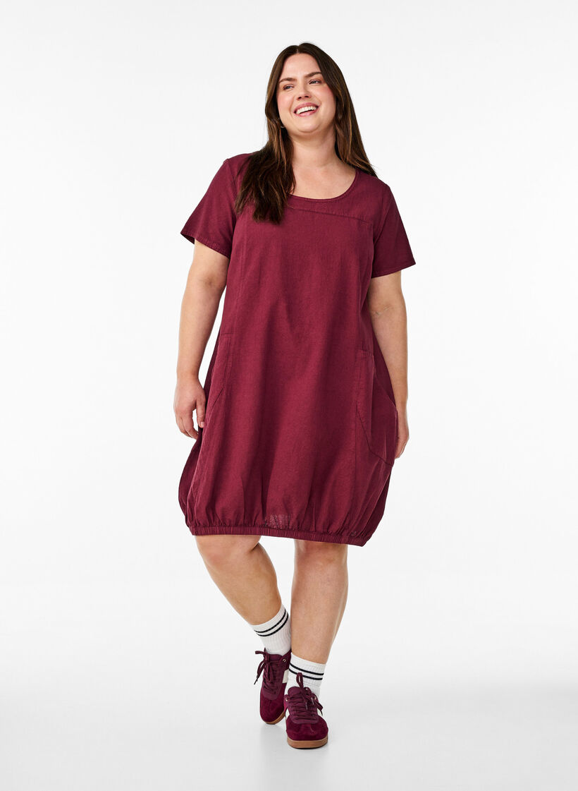 Kurzarm Kleid aus Baumwolle, Dunkles Bordeaux, Model image number 1