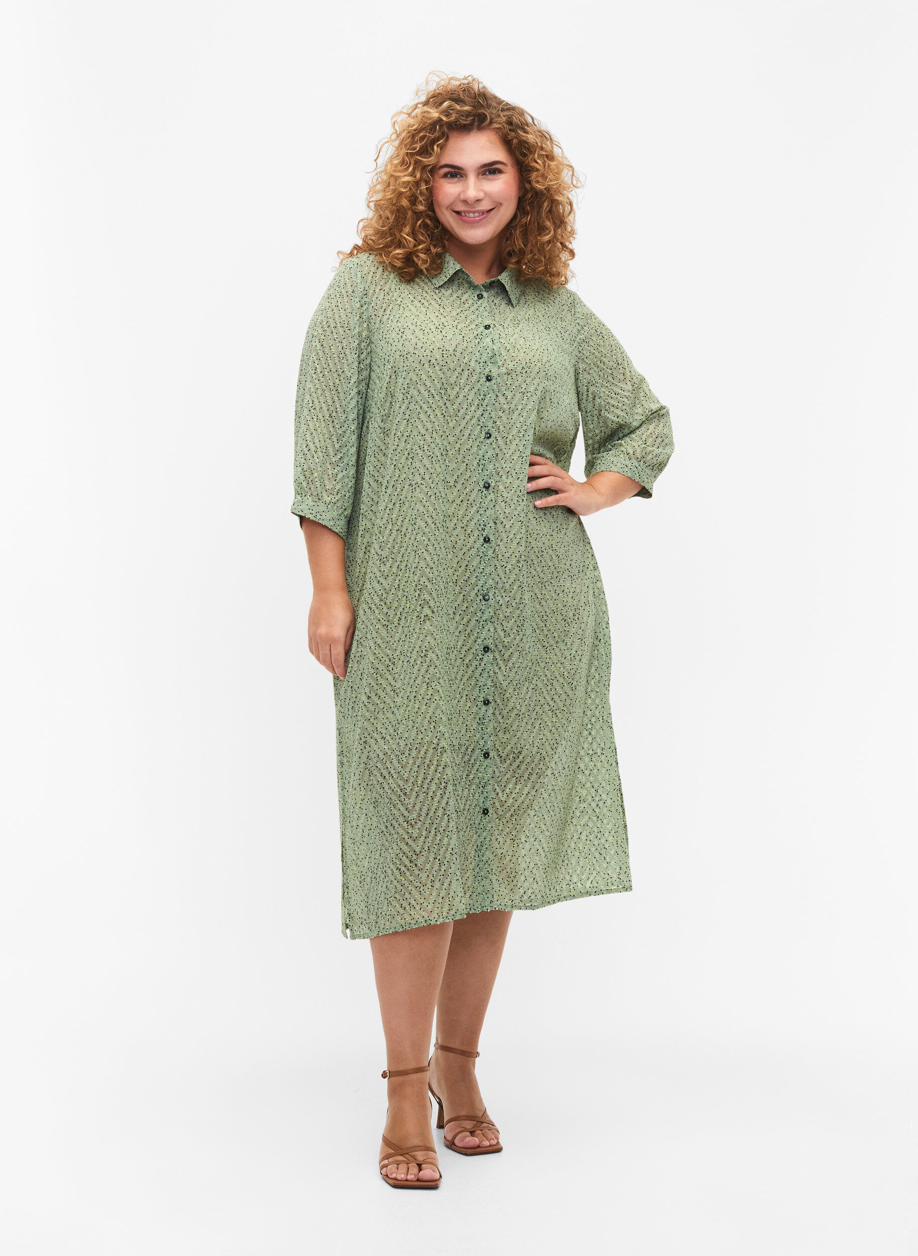 ZizziGepunktetes Shirtkleid mit 3/4 &Auml;rmeln und Schlitz, Seagrass Dot, Model image number 0