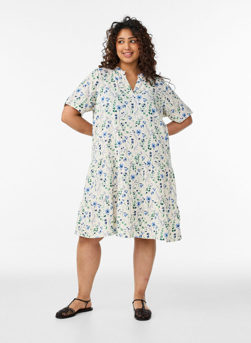 Kurzes A-Linien-Kleid aus Baumwollmusselin, Beige, Model image number 1