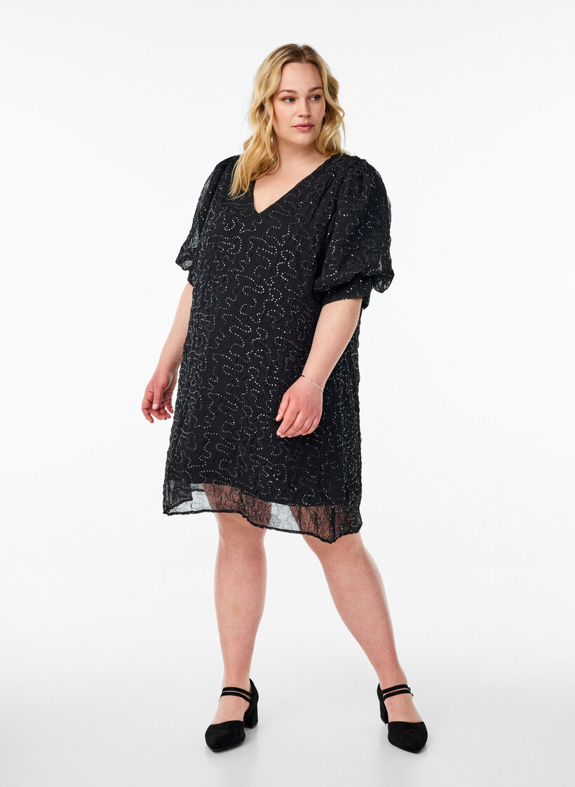 Kurzes Festkleid mit Pailletten, Schwarz, Model image number 1