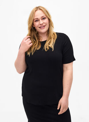 T-Shirt aus gerippter Viskose, Black, Model image number 0