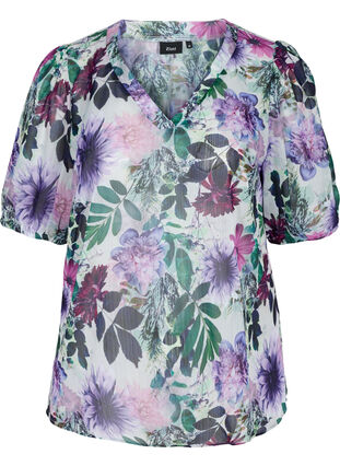 Bluse mit Blumenprint und 2/4-Ärmeln, Purple Flower mix, Packshot image number 0
