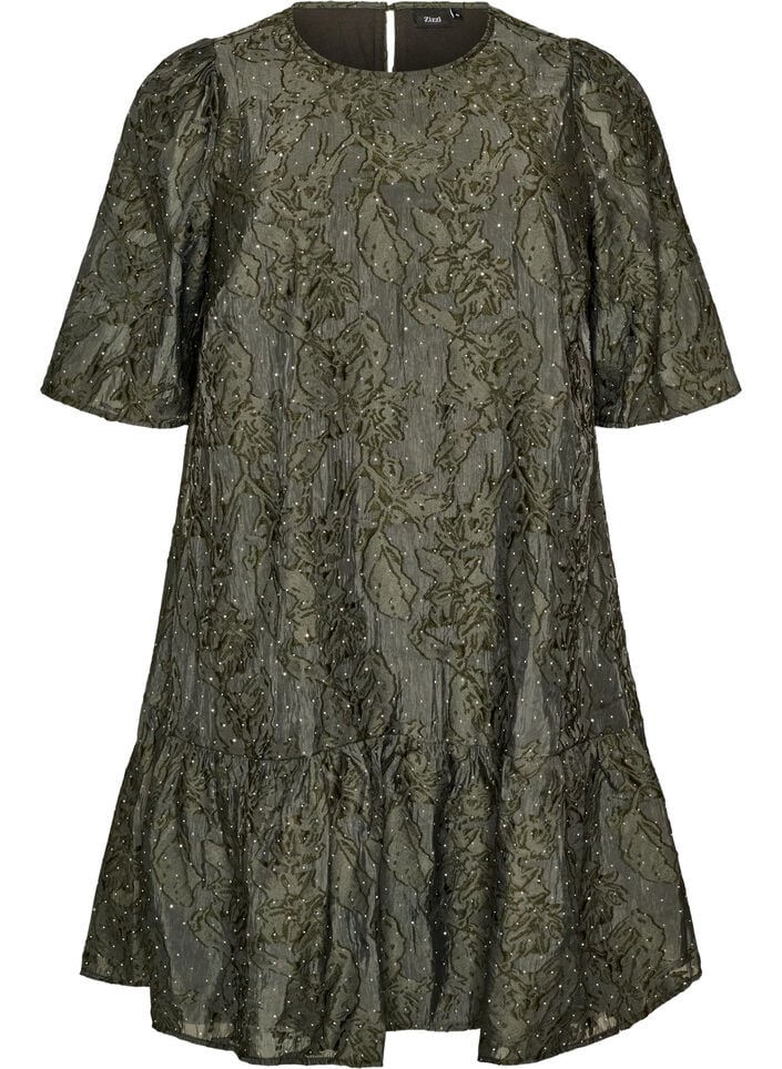 Jacquardkleid mit funkelnden Details und Puff&auml;rmeln, Gr&uuml;n, Packshot image number 0