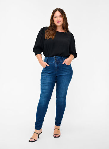 Super Slim Bea Jeans mit hoher Taille, Blue denim, Model image number 0