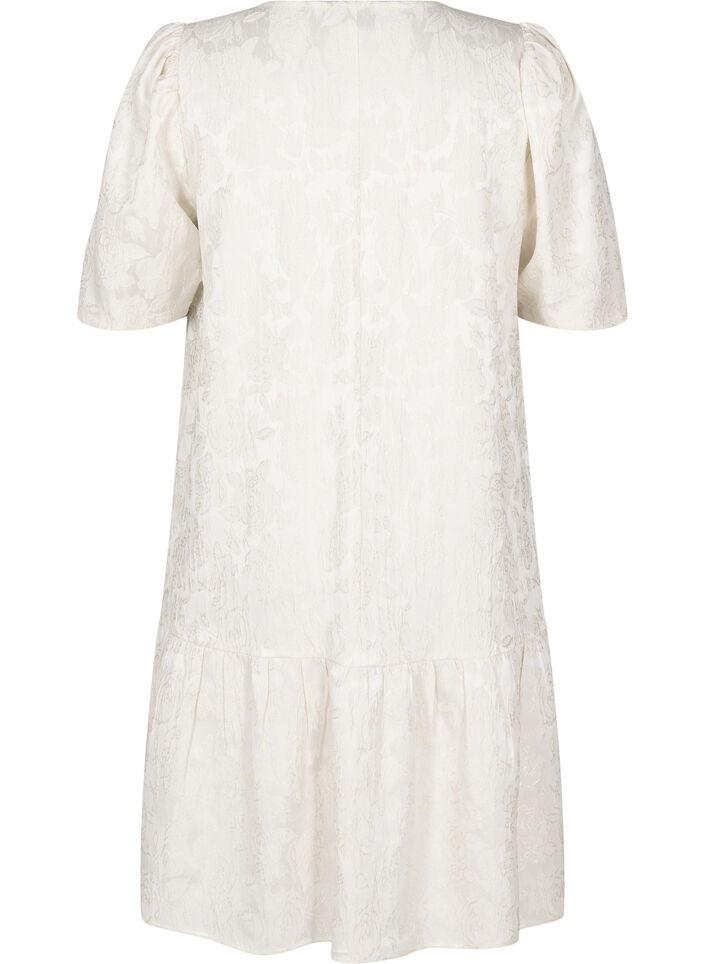 Knielanges Kleid aus Jacquard mit kurzen Ärmeln, Whisper White, Packshot image number 1