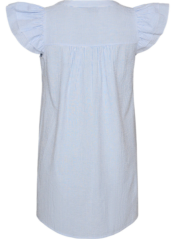 Gestreiftes Kleid aus Baumwolle mit R&uuml;schen und A-Linien-Schnitt, Blau, Packshot image number 1