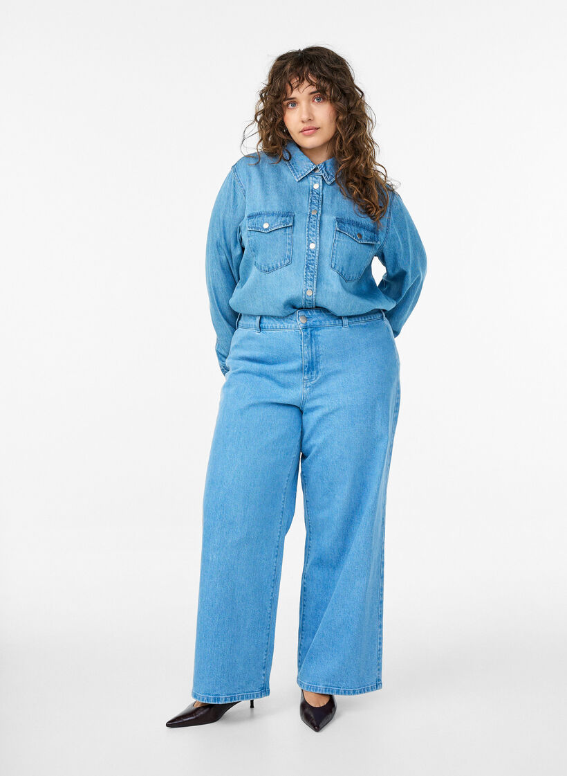 Hoch taillierte Jeans mit weitem Bein, Blau, Model image number 0