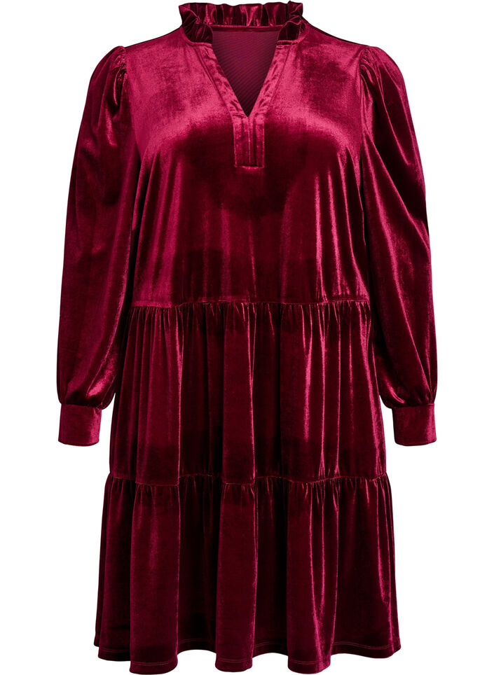 Kurzes Kleid aus Velours mit R&uuml;schenkragen und langen &Auml;rmeln, Rot, Packshot image number 0
