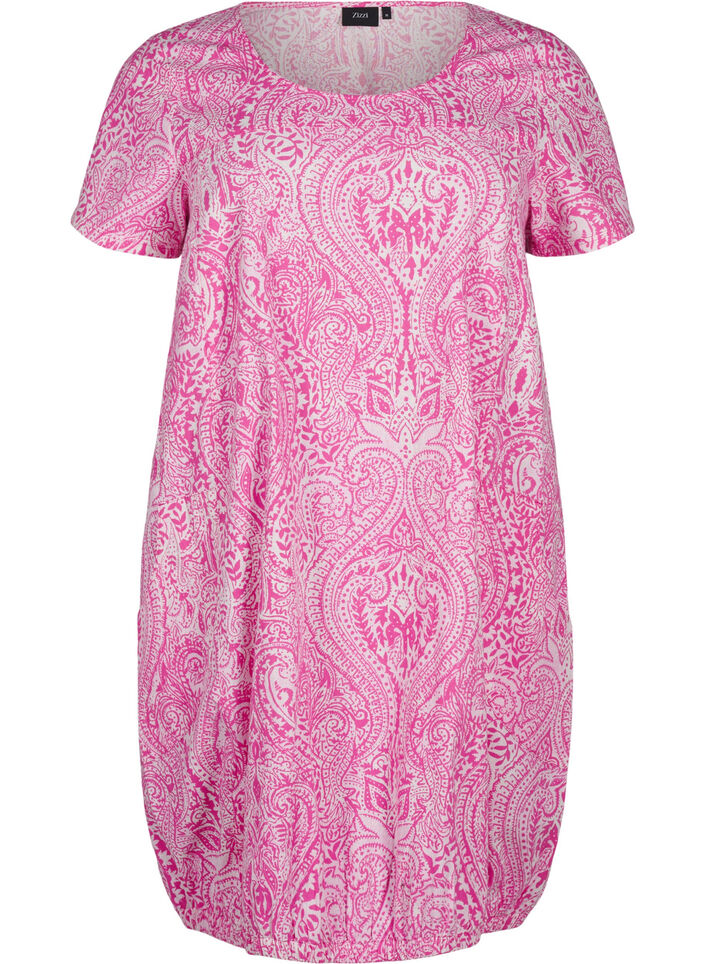 Kurzärmliges Baumwollkleid mit Paisley-Print, Pink, Packshot image number 0