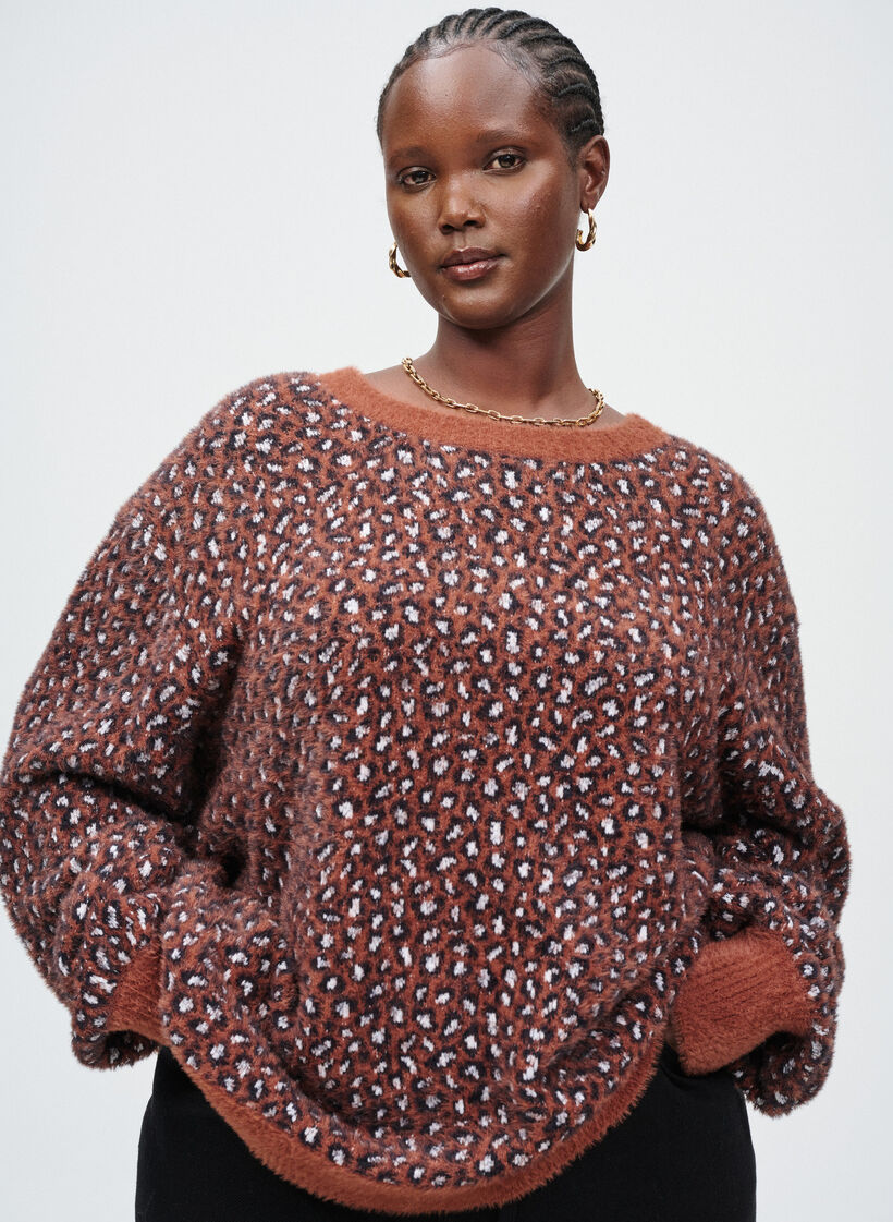 Strickpullover mit Animalprint und flauschigem Finish, Rot, Image