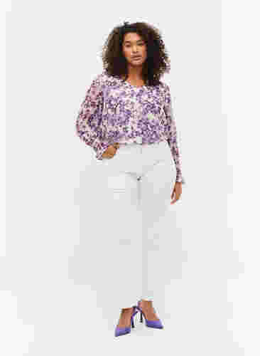 Geblümte Bluse mit langen Ärmeln und V-Ausschnitt, Beige/Purple Flower, Model image number 2