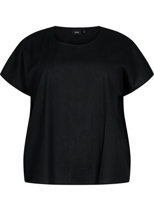 Kurzärmelige Bluse aus Baumwollmischung mit Leinen, Black, Packshot image number 0