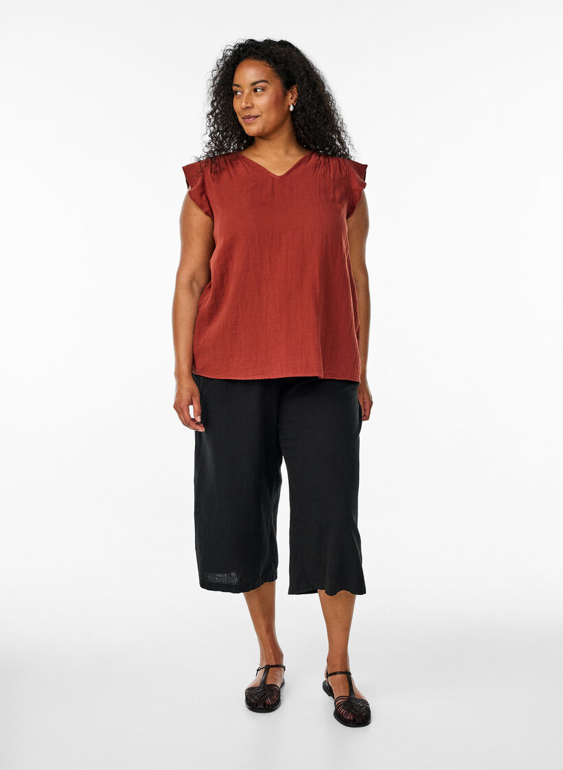 Ärmelloses Oberteil aus Baumwollmusselin mit Rüschen, Rot, Model image number 1