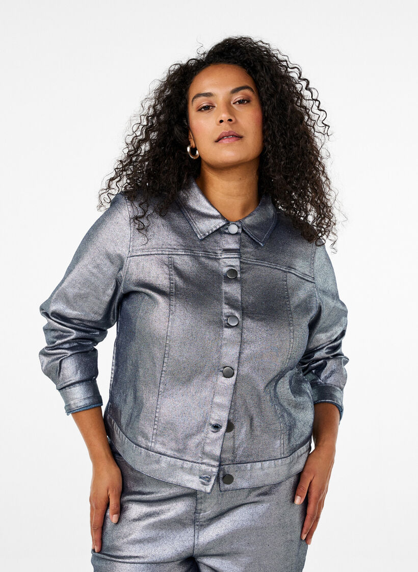 Kurze Jeansjacke in Silberbeschichtung, Gun Silver, Model image number 0