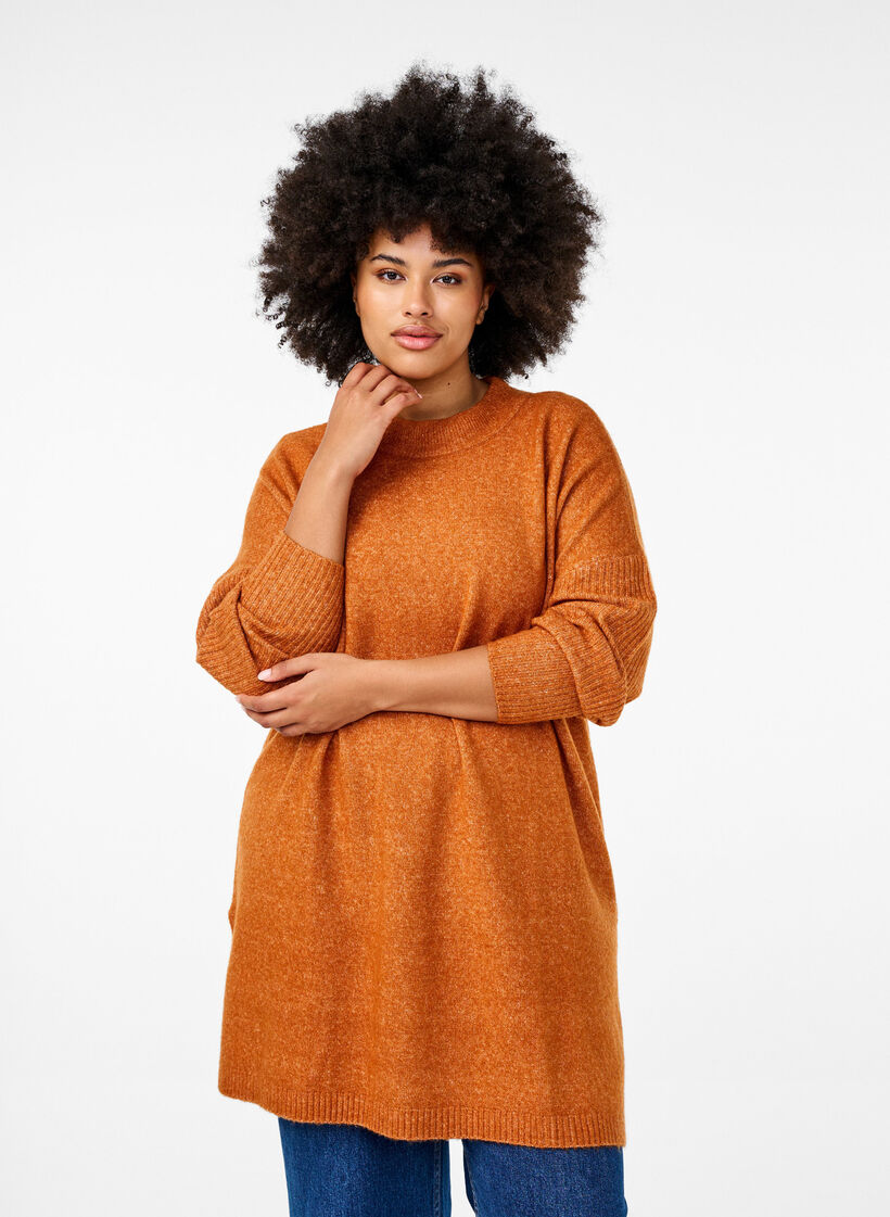 Lange Strickbluse mit langen Ärmeln, Autumnal Mel., Model image number 0