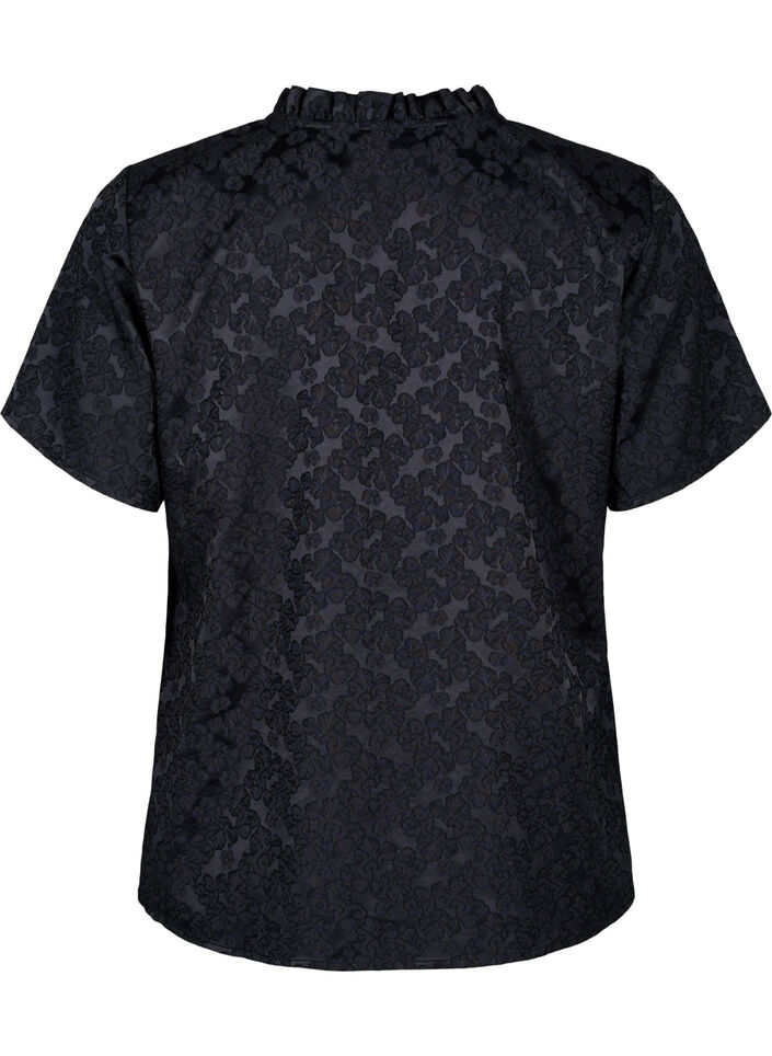 Kurzärmelige Jacquard-Bluse mit Schleifen, Schwarz, Packshot image number 1