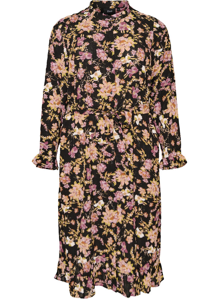 Midikleid mit gebl&uuml;mtem Print und abnehmbarem Bindeg&uuml;rtel, Schwarz, Packshot image number 0