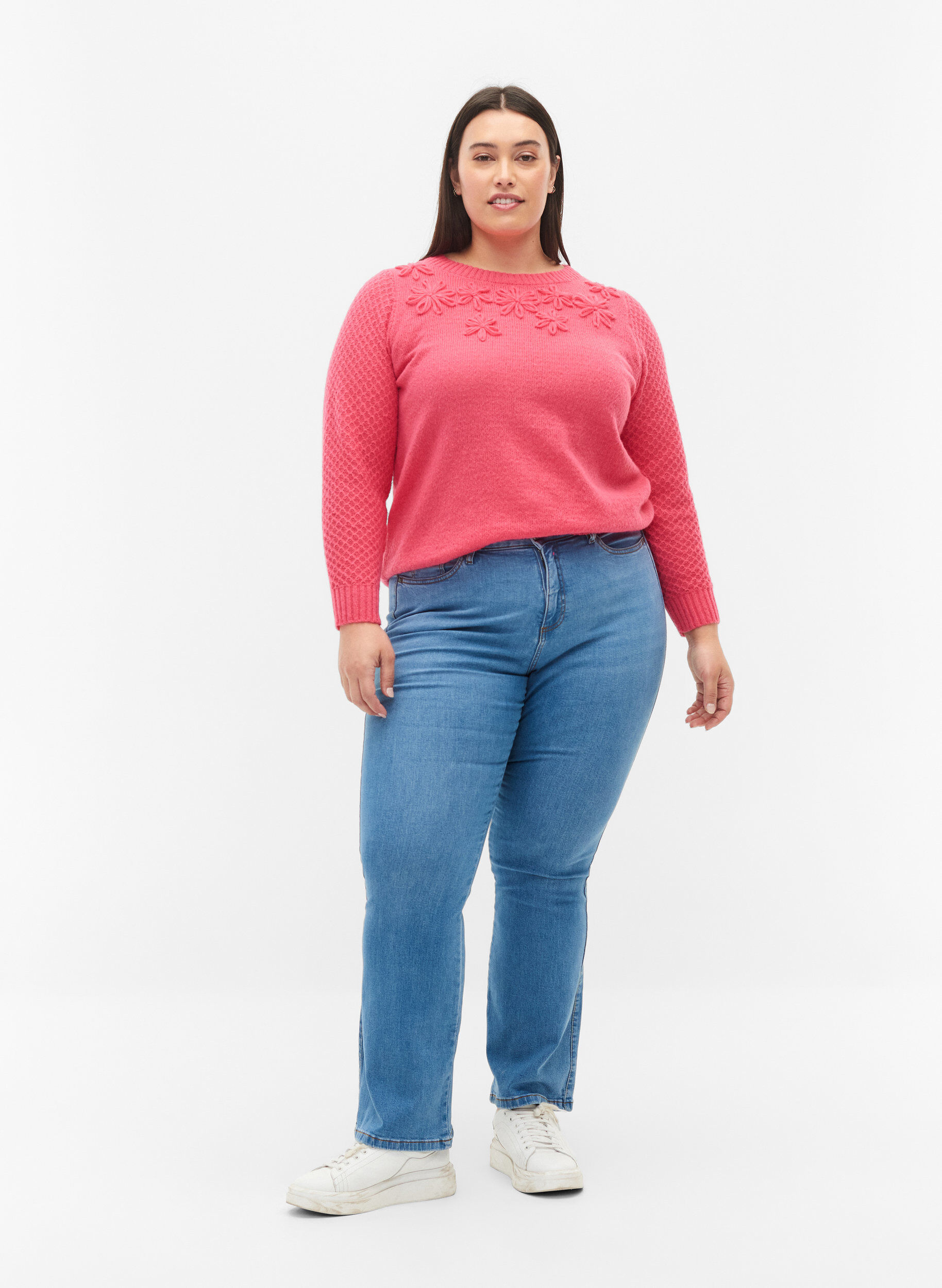 ZizziStrickbluse mit Blumendetails, Hot Pink, Model image number 3