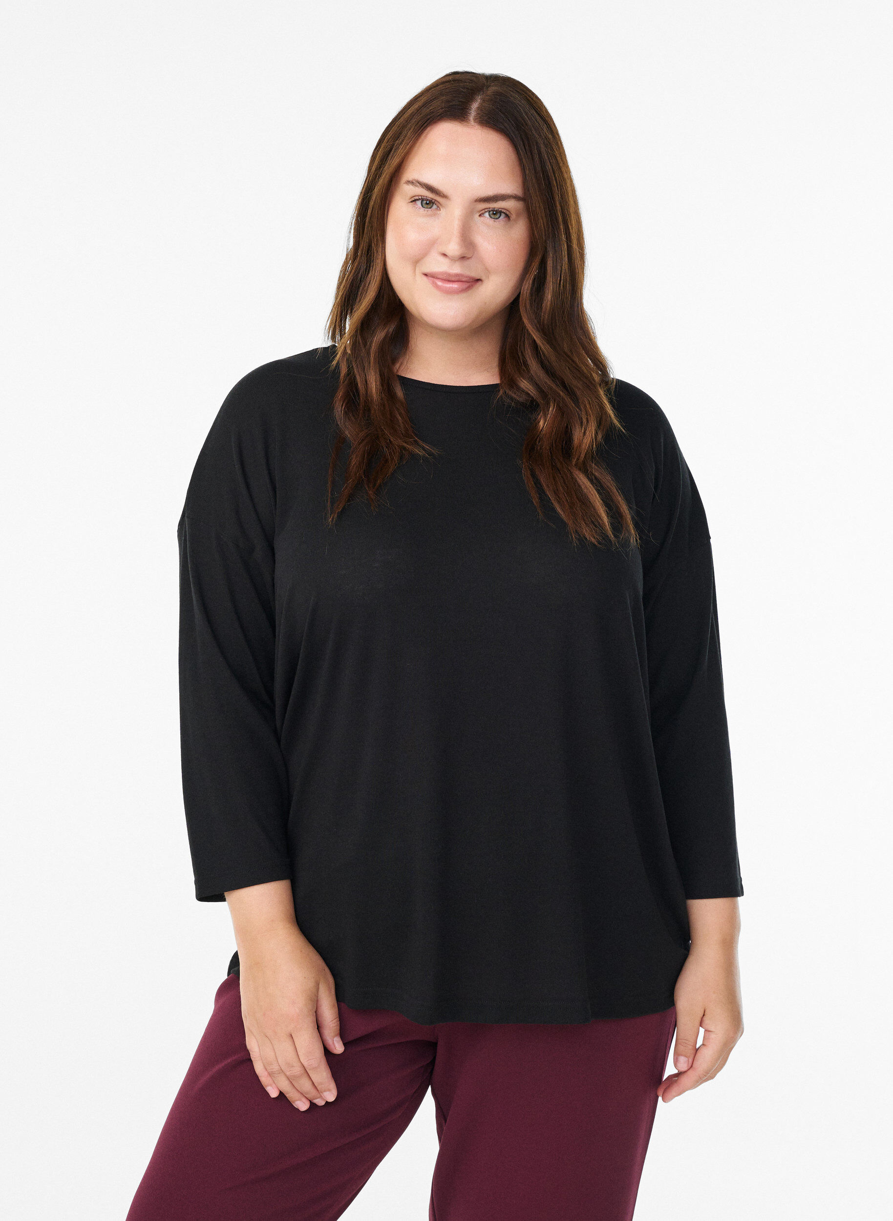 Bluse aus Jersey mit 3/4-&Auml;rmeln , Schwarz, Model