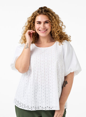 Bluse mit Puffärmeln und Spitzenmuster, Bright White, Model image number 0