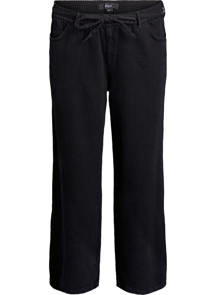 Jeans mit lockerer Passform, elastischem Bund und Tunnelzug, Schwarz, Packshot