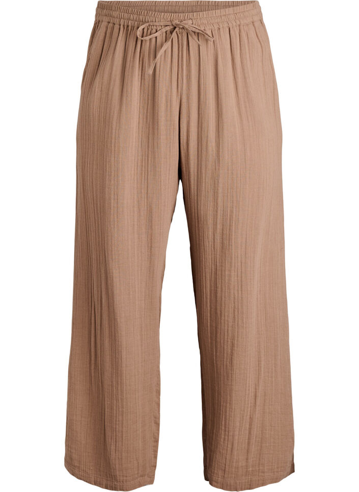 Hoch taillierte Hose aus Baumwoll-Musselin mit weitem Bein, Braun, Packshot image number 0